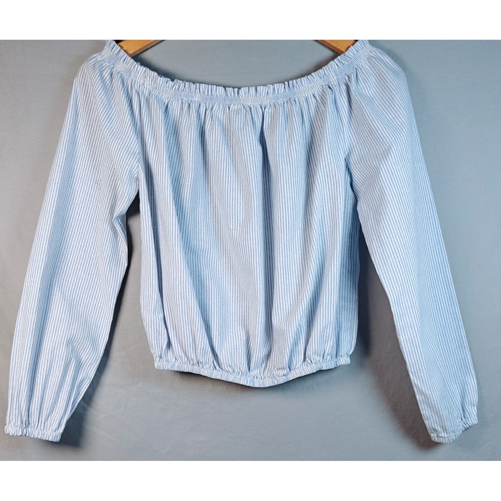 John Galt Blouse Womens Sz S Blue White Striped Cropped Off Shoulder Cuff Sleeve